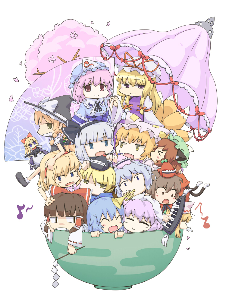 &gt;_&lt; ^_^ alice_margatroid animal_ears black_eyes blonde_hair blue_eyes blue_hair bow bowl braid brown_hair cat_ears cat_tail chen cirno closed_eyes detached_sleeves fan flower fox_tail gun hair_bow hair_tubes hakurei_reimu hat hidarikata instrument keyboard_(instrument) kirisame_marisa konpaku_youmu letty_whiterock lily_white long_hair lunasa_prismriver lyrica_prismriver merlin_prismriver multiple_girls multiple_tails open_mouth parasol perfect_cherry_blossom pink_eyes pink_hair purple_eyes ribbon saigyouji_yuyuko short_hair siblings skirt smile tail touhou trumpet umbrella weapon yakumo_ran yakumo_yukari yellow_eyes