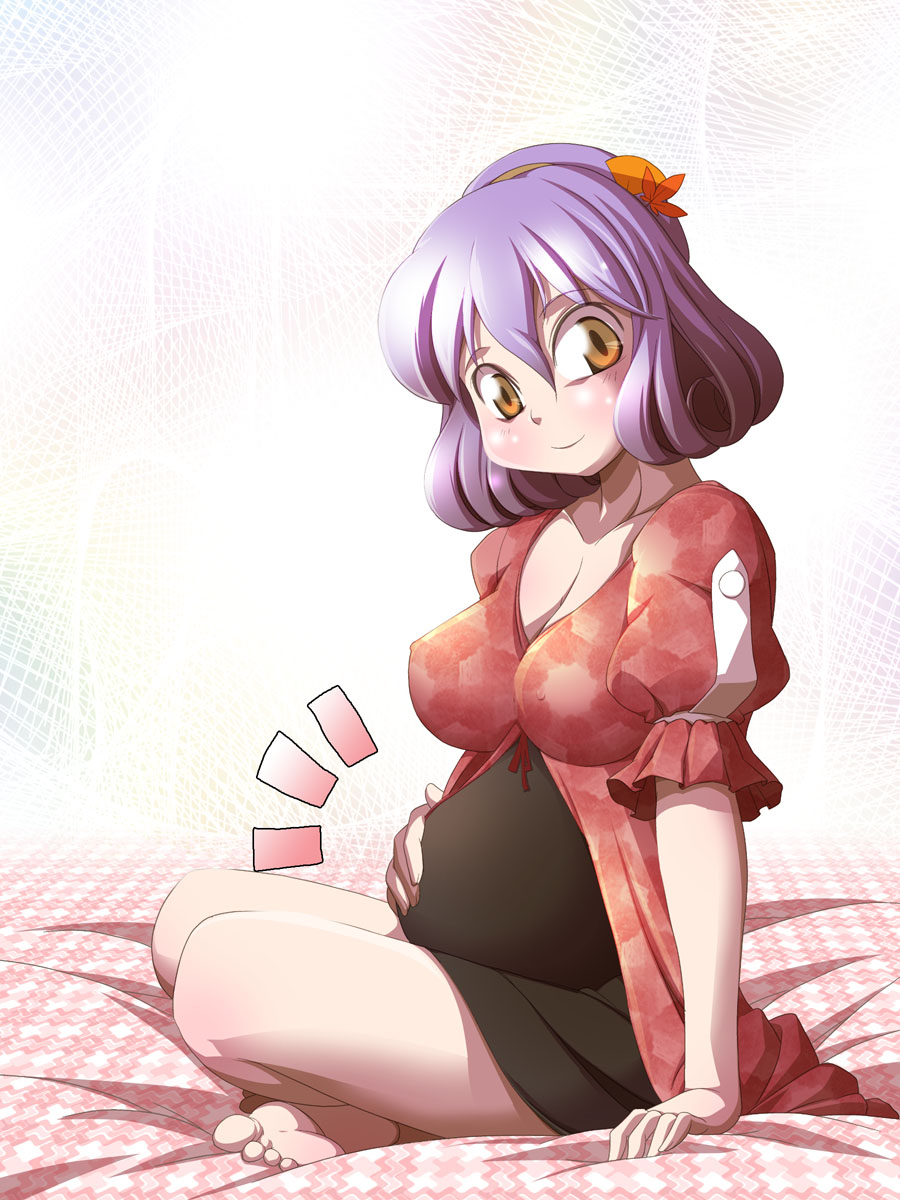 barefoot breasts chamupei cleavage hair_ornament hand_on_stomach highres on_bed pregnant purple_hair short_hair smile solo touhou yasaka_kanako yellow_eyes