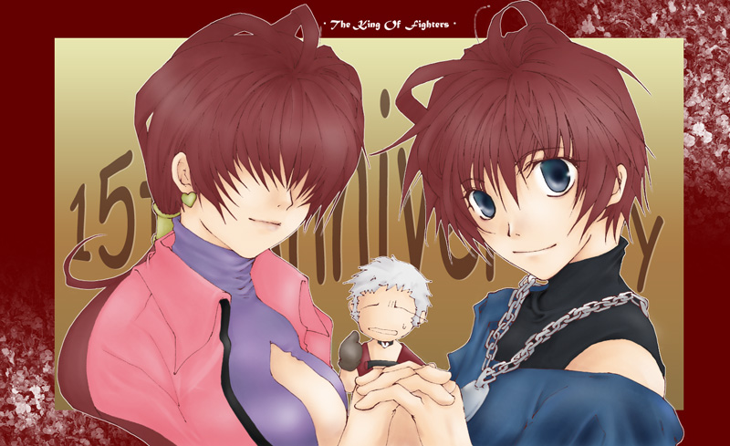 1girl 2boys blue_eyes breasts brown_hair chain chains chris cleavage cleavage_cutout earrings hair_over_eyes heart heart_earrings interlocked_fingers jewelry king_of_fighters leotard long_hair looking_at_viewer multiple_boys nanakase_yashiro necklace nitro_neji ponytail shermie white_hair