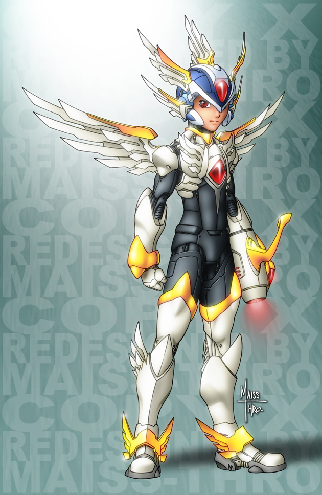 android ankle_wings arm_cannon armor artist_name character_name copy_x forehead_jewel helmet maiss-thro red_eyes robot_joints rockman rockman_zero weapon winged_helmet wings