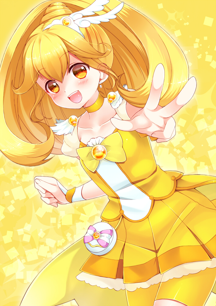 :d blonde_hair blush collarbone cure_peace dress hair_ornament kise_yayoi magical_girl nekosugiayana open_mouth precure red_eyes ribbon_choker smile smile_precure! solo v wrist_cuffs yellow_background