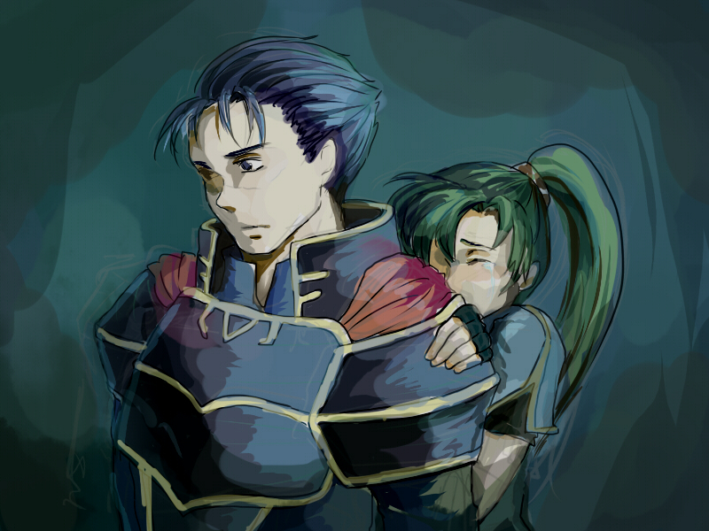 :( armor blue_eyes blue_hair cape closed_eyes cry eyes_closed fingerless_gloves fire_emblem fire_emblem:_rekka_no_ken fire_emblem_blazing_sword frown gloves green_hair hand_on_back hector lyn lyndis_(fire_emblem) nintendo ponytail tears