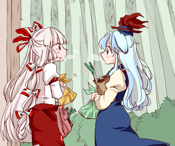 bag bamboo bamboo_forest blue_dress blue_hair bow brown_eyes commentary dress eye_contact forest fujiwara_no_mokou hair_bow hair_ribbon hat juliet_sleeves kamishirasawa_keine komaku_juushoku long_hair long_sleeves looking_at_another multiple_girls nature pants puffy_sleeves red_eyes ribbon shirt shopping_bag silver_hair spring_onion suspenders touhou