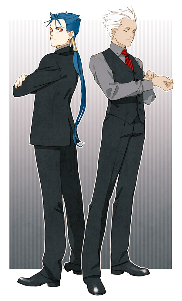 archer blue_hair earrings fate/stay_night fate_(series) formal jewelry lancer long_hair multiple_boys necktie ponytail red_eyes suit tam_(cuq) vest waistcoat white_hair