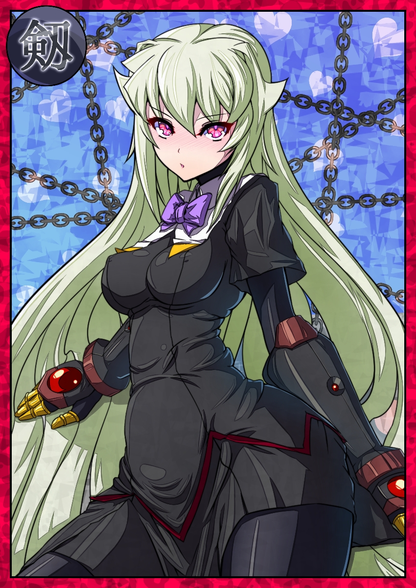 :o arcana_heart arcana_heart_3 armor bangs black_legwear blush border bow bowtie breasts chain chains curvy dress erect_nipples gauntlets gem hair_between_eyes heart highres kemurin large_breasts long_hair looking_at_viewer multicolored_eyes open_mouth pantyhose pink_eyes profile red_border red_eyes school_uniform silver_hair solo standing tight turtleneck very_long_hair weiss wide_hips