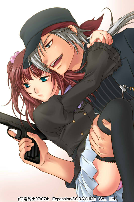 1girl amakusa_juuza brown_hair carrying green_eyes gun hair_bobbles hair_ornament hat izumi_natsuka long_hair ponytail princess_carry silver_hair skirt thigh-highs thighhighs twintails umineko_no_naku_koro_ni ushiromiya_ange weapon zettai_ryouiki