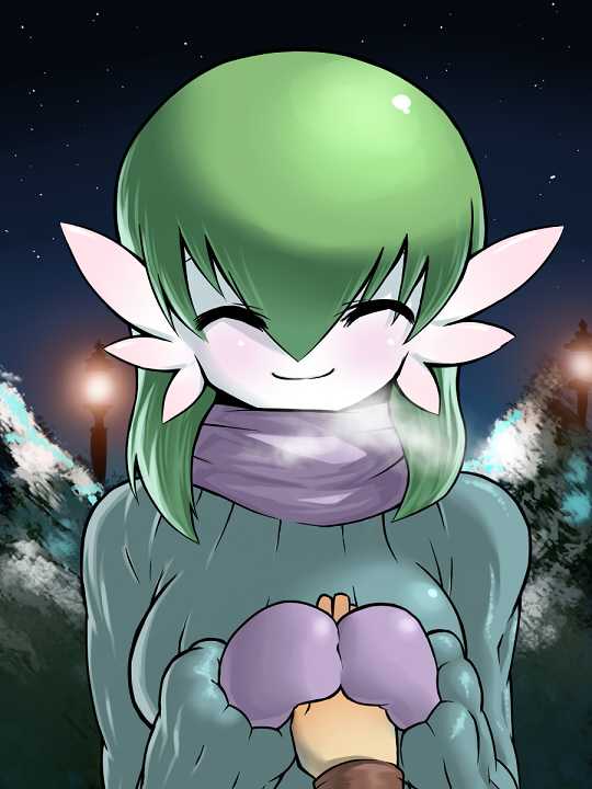 1girl ^_^ closed_eyes cold costume eyes_closed gardevoir green_hair hand_holding happy holding_hands mittens night pokemon pokemon_(creature) resized scarf smile solo space_jin sweater