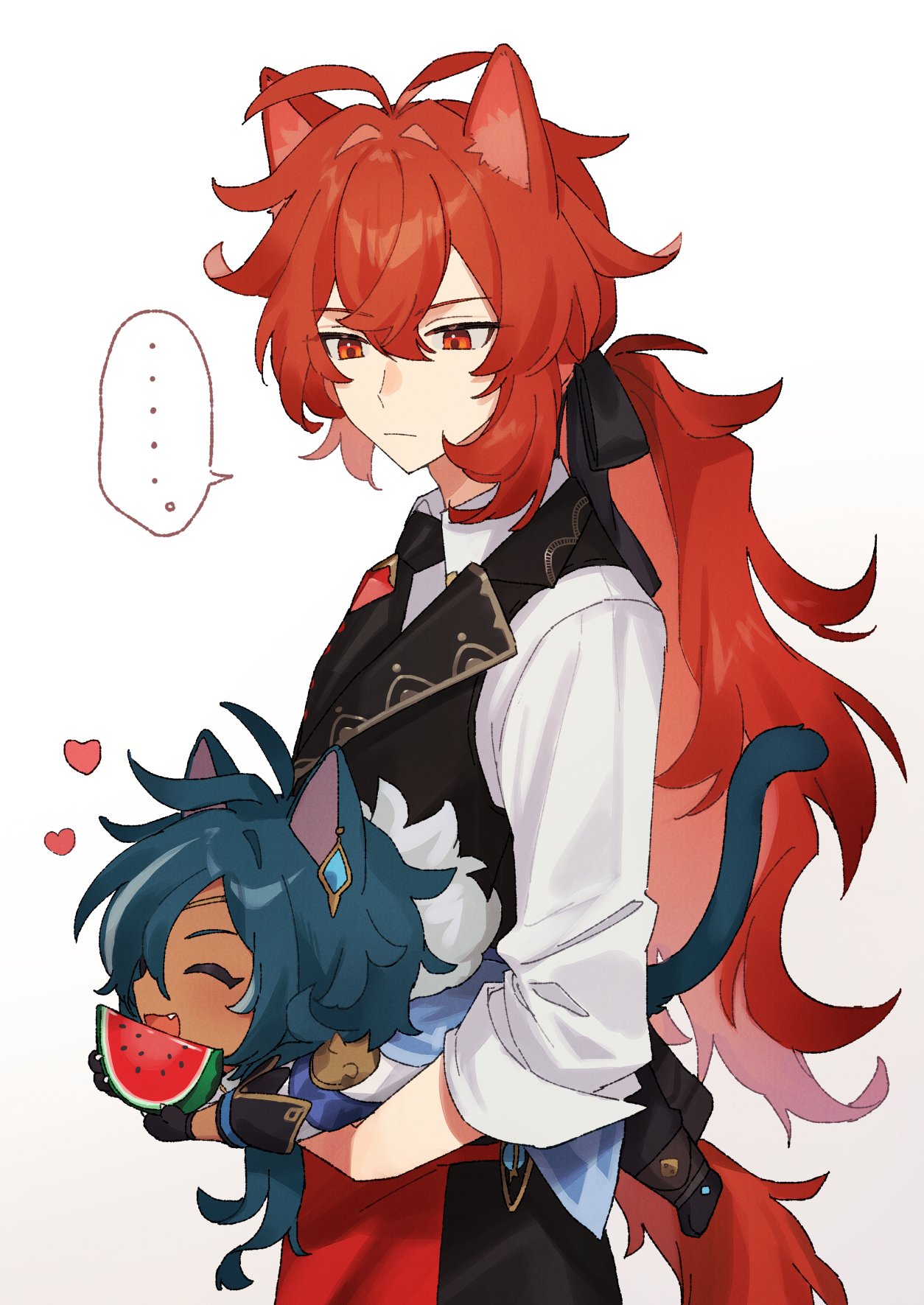 2boys aee_gnsn ahoge animal_ear_fluff animal_ears apron black_vest blue_hair cat_ears cat_tail closed_eyes dark_skin dark_skinned_male diluc_ragnvindr dress_shirt ear_piercing earrings food fruit fur_trim genshin_impact gold_trim highres holding_another jewelry kaeya_alberich long_hair looking_at_another male_focus multiple_boys piercing ponytail red_apron red_eyes redhead shirt simple_background speech_bubble tail vest watermelon white_background white_shirt