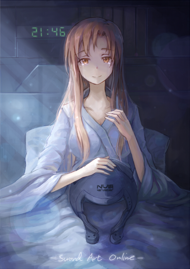 asuna_(sao) brown_eyes brown_hair clock collarbone faux_traditional_media headwear_removed helmet helmet_removed long_hair looking_at_viewer nervegear pillow smile solo spark_(pixiv) spark_(sandro) sword_art_online tears title_drop