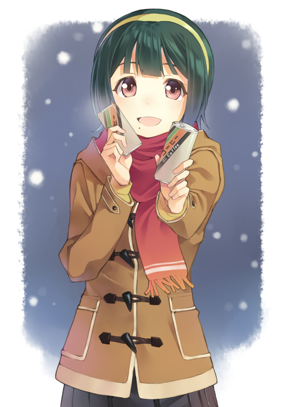 :d can can_to_cheek coat green_hair hairband holding idolmaster looking_at_viewer mole open_mouth otonashi_kotori red_eyes revision scarf short_hair skirt smile snowing solo t-okada toggles