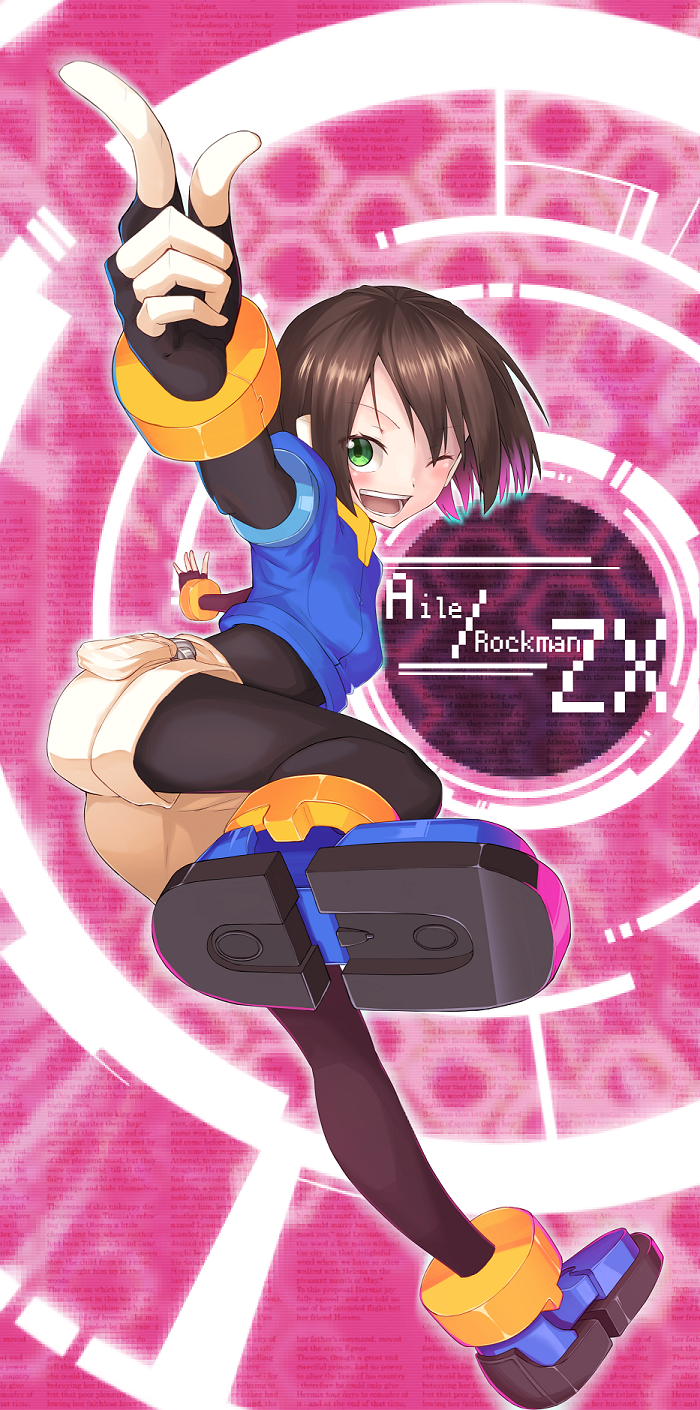 aile brown_hair gloves green_eyes highres lip-mil one_eye_closed pointing rockman rockman_zx shorts