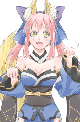 :d animal_ears bare_shoulders blush bow breasts caster_(fate/extra) cleavage detached_sleeves fate/extra fate_(series) fox_ears fox_tail hair_bow hair_ribbon japanese_clothes kitsunemimi lowres nanami_yasuko open_mouth paw_pose pink_hair ribbon smile solo tail twintails wafuku yellow_eyes yumewakanau0820