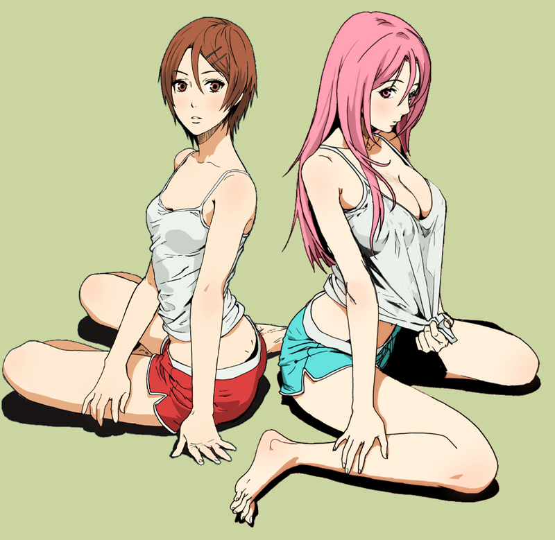 2girls aida_riko arm_support bare_shoulders barefoot black_panties breasts brown_eyes brown_hair camisole cleavage dimples_of_venus green_background hair_between_eyes hair_ornament hairclip kuroko_no_basuke large_breasts long_hair midriff momoi_satsuki multiple_girls navel okada_(okada_zari) panties parted_lips pink_eyes pink_hair shirt_tug short_hair short_shorts shorts simple_background sitting underwear wariza yokozuwari