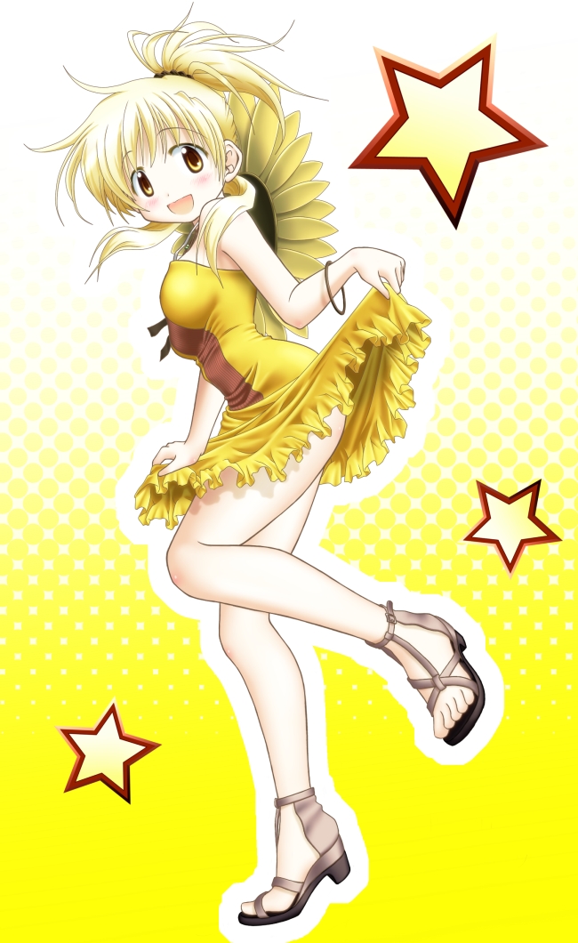 :d alternate_hairstyle blonde_hair blush dress dress_lift flower hidamari_sketch high_heels jewelry long_hair looking_at_viewer miyako mushoku_no_hourousha necklace open_mouth open_shoes ponytail smile solo sunflower yellow_eyes