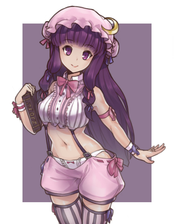 adapted_costume alternate_costume armlet book bracelet braid casual colored crescent crop_top hat holding holding_book jewelry lineart long_hair minidress navel orz_(orz57) panties patchouli_knowledge purple_eyes purple_hair ring shorts smile solo suspenders thigh-highs thighhighs touhou twin_braids underwear violet_eyes white_panties zettai_ryouiki