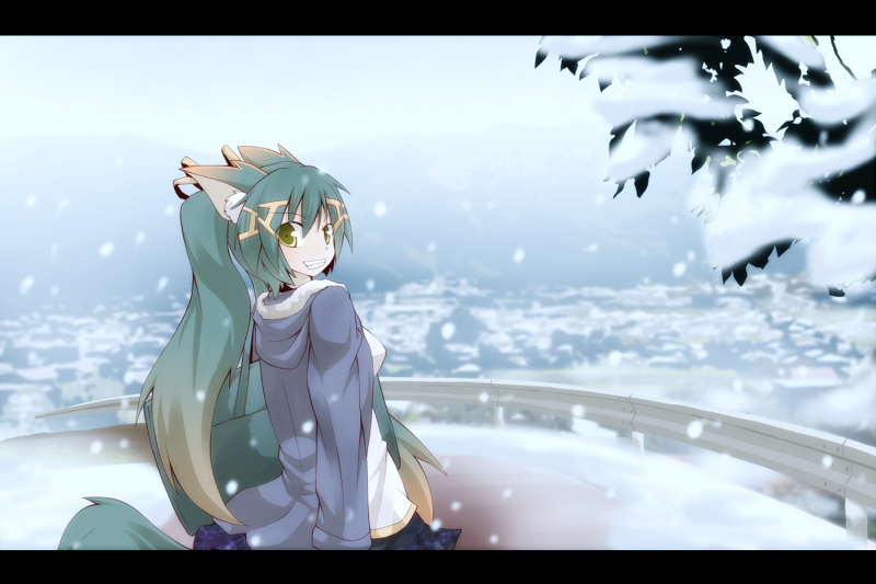 animal_ears grin kuromiya kuromiya_raika looking_at_viewer looking_back original scenery smile snow snowing solo tail