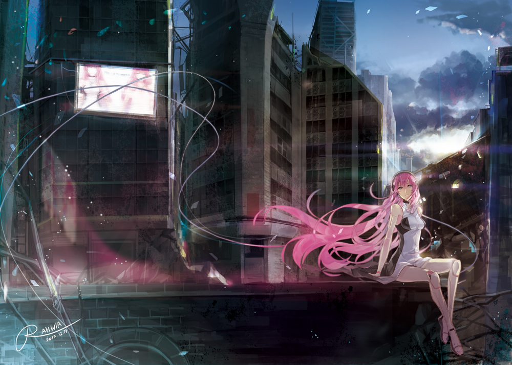 android blue_eyes building headphones long_hair megurine_luka petals pink_hair rahwia robot_joints skyscraper solo very_long_hair vocaloid wind