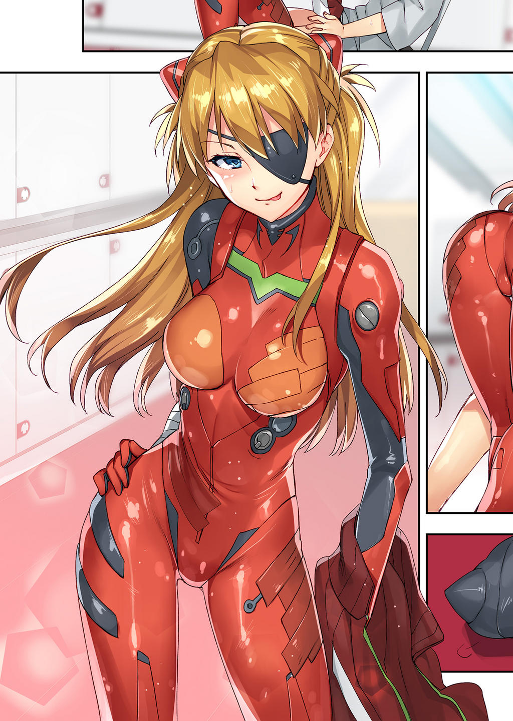 :d blue_eyes blush breasts brown_hair evangelion:_3.0_you_can_(not)_redo eyepatch hair_ornament highres long_hair naughty_face neon_genesis_evangelion open_mouth plugsuit rebuild_of_evangelion redrop shikinami_asuka_langley shiny shiny_clothes smile soryu_asuka_langley souryuu_asuka_langley sweat tongue track_jacket