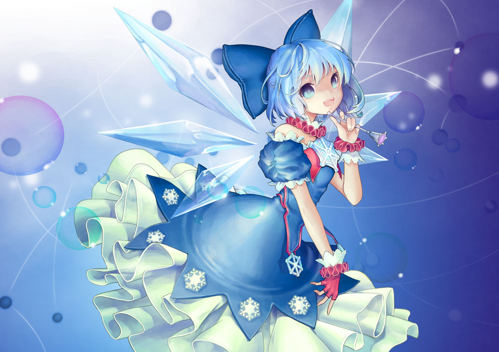 :d bare_shoulders blue_eyes blue_hair bow cirno dress embellished_costume fingerless_gloves gloves hair_bow holding ice ice_wings open_mouth pping short_hair smile solo touhou wand wings