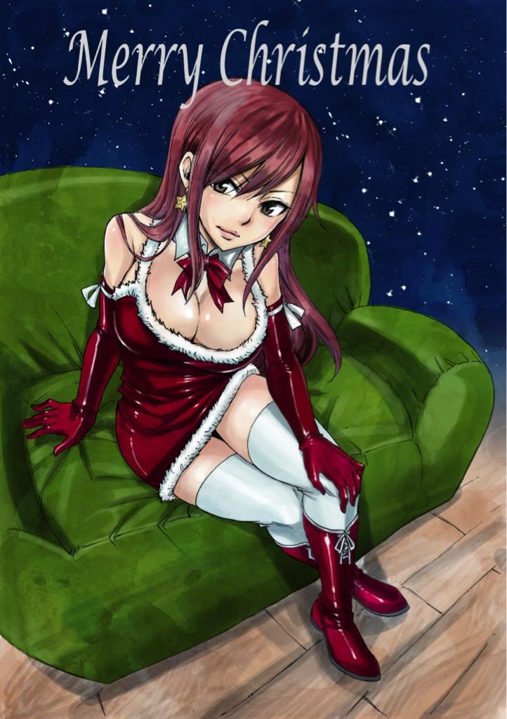 boots bow breasts brown_eyes christmas cleavage couch earrings elbow_gloves erza_scarlet fairy_tail full_body gloves hand_on_knee jewelry knee_boots large_breasts long_hair mashima_hiro merry_christmas official_art red_gloves red_hair redhead santa_costume sitting solo star thigh-highs thighhighs white_legwear zettai_ryouiki