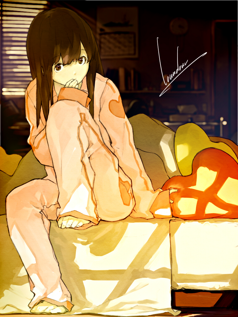 barefoot bed blinds blurry brown_eyes brown_hair depth_of_field hand_to_mouth heart indoors leg_up long_hair looking_at_viewer loundraw matching_hair/eyes on_bed original pajamas signature sitting sleeves_past_wrists solo sunlight toes