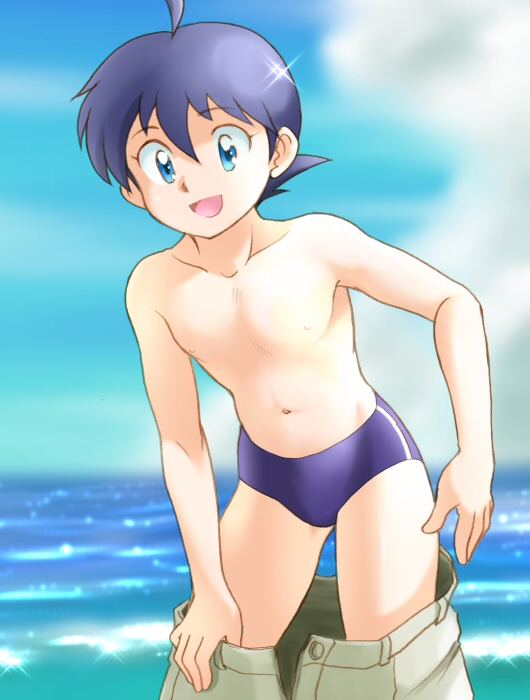 blue_eyes blue_hair ebi-rom hinata_fuyuki keroro_gunsou short_hair solo speedo swimsuit undressing