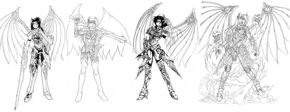 1girl armor aura bone breasts claws comparison evolution eyepatch ghost gloves headgear highres lipstick long_hair makeup marci_miller mound_of_venus open_mouth original purple_hair rose_(dragoon) signature skull solo soul spandex teeth the_legend_of_dragoon tongue watermark wings