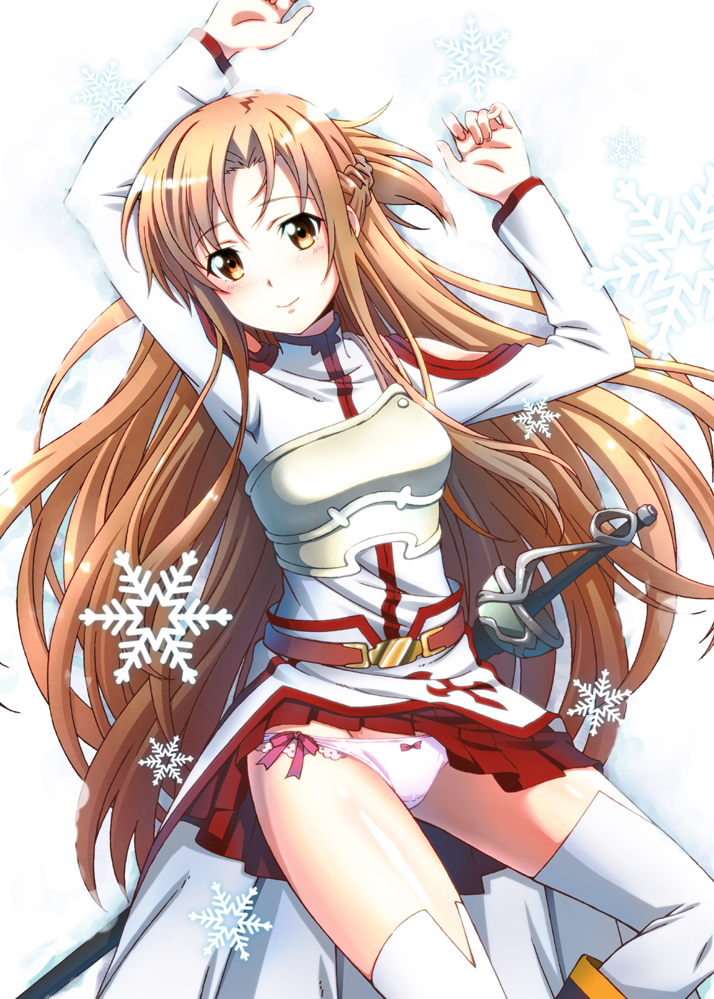 arm_up asuna_(sao) blush breastplate brown_eyes brown_hair highres long_hair looking_at_viewer lou_(artist) lying on_back open_mouth panties pink_panties revision smile snowflakes solo sword sword_art_online thigh-highs thighhighs underwear weapon white_legwear