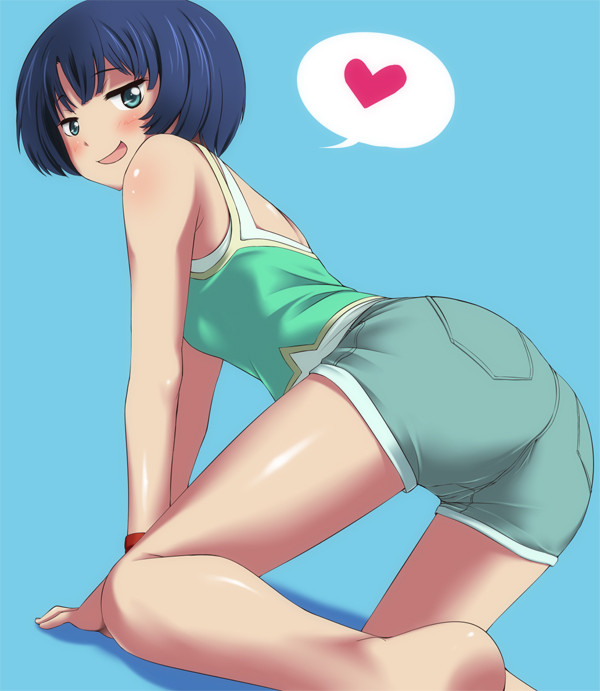 all_fours ano_natsu_de_matteru aqua_eyes arm_support ass bare_legs bare_shoulders blue_background blue_hair blush camisole casual digdug006 from_behind heart legs looking_at_viewer looking_back naughty_face open_mouth short_hair short_shorts shorts simple_background smirk solo spoken_heart tanigawa_kanna