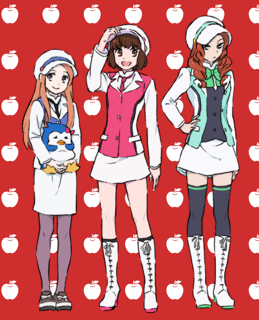 3girls :d adjusting_clothes adjusting_hat apple bird black_legwear blue_eyes boots bow bowtie brown_eyes brown_hair cosplay creator_connection crossover curly_hair food fruit hand_on_hip hat holding holding_animal long_hair looking_at_viewer mawaru_penguindrum multiple_girls natsume_masako necktie oginome_ringo open_mouth pantyhose penguin penguin_3-gou red_background school_uniform short_hair skirt smile takakura_himari thigh-highs tsubaki_kureha tsubaki_kureha_(cosplay) violet_eyes yuri_kuma_arashi yurigasaki_lulu yurigasaki_lulu_(cosplay) yurishiro_ginko yurishiro_ginko_(cosplay) zettai_ryouiki