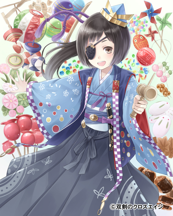 :d ball black_eyes black_hair candy_apple date_masamune eyepatch genderswap hat holding japanese_clothes long_hair looking_at_viewer open_mouth ponytail smile solo soukan_no_cross_age souken_no_cross_age spinning_top tadokoro_teppei watermark