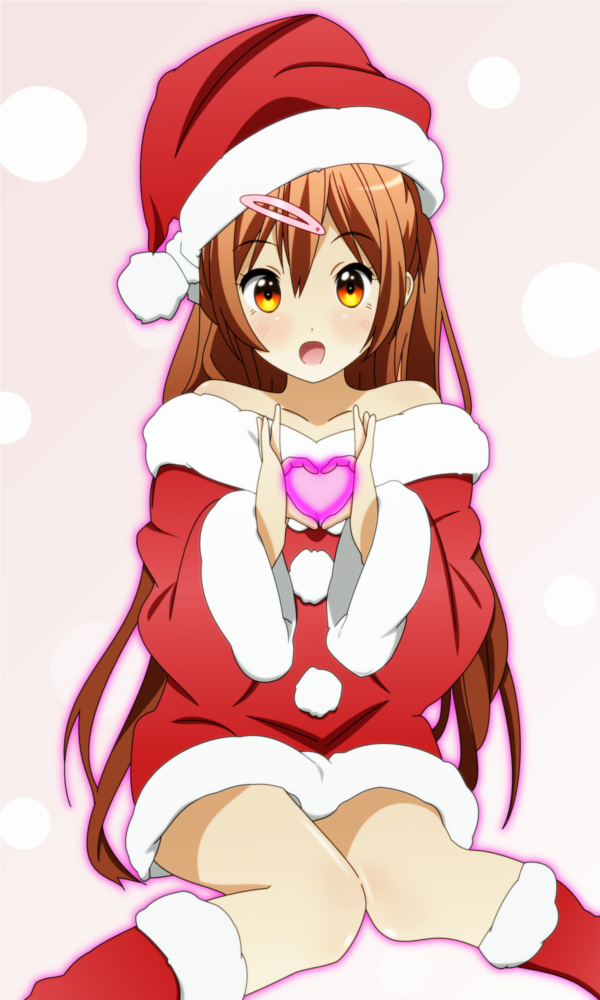 bare_shoulders blush boots chuunibyou_demo_koi_ga_shitai! copyright_request dress hair_ornament hairclip heart heart_hands long_hair looking_at_viewer nibutani_shinka open_mouth santa_costume sitting smile solo spiceg wariza