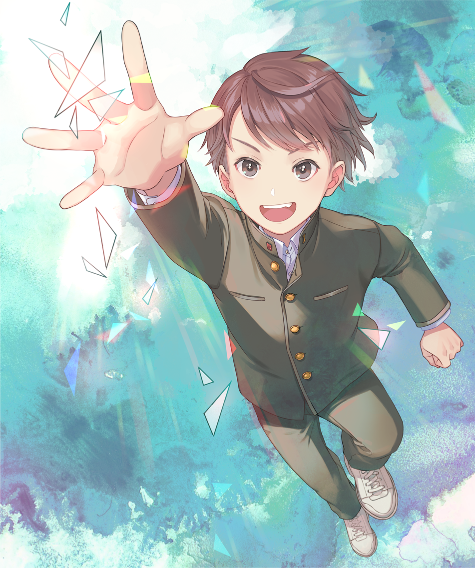 1boy bangs brown_hair buttons cherico collared_shirt foliage grass green_jacket green_pants grey_eyes jacket light long_sleeves male_focus open_mouth original outdoors outstretched_arm pants reaching_out school_uniform shirt shoes short_hair smile white_footwear white_shirt