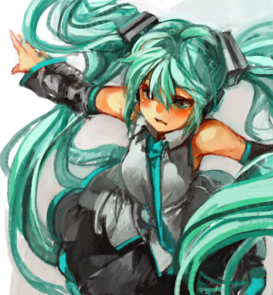 aqua_eyes aqua_hair bare_shoulders blush detached_sleeves from_above hatsune_miku long_hair necktie oekaki outstretched_arms parted_lips sachito skirt sleeveless sleeveless_shirt solo spread_arms very_long_hair vocaloid