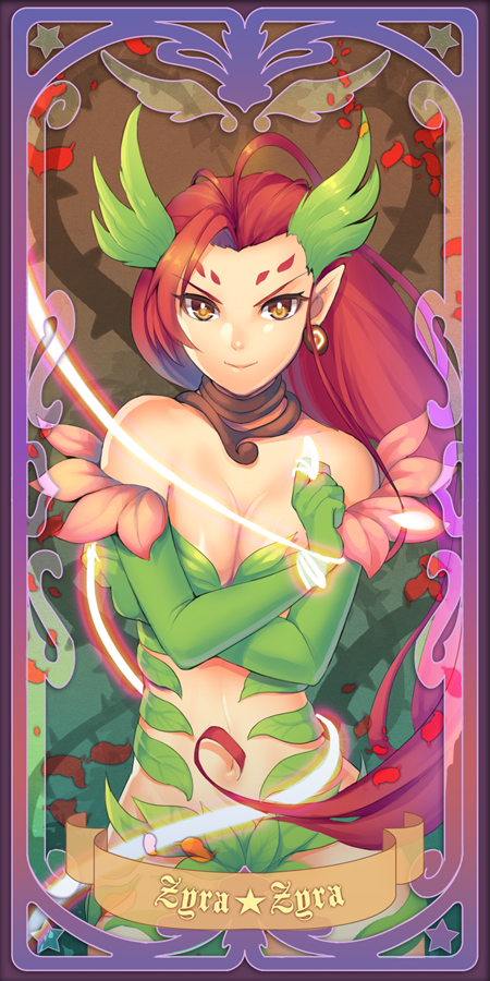 bare_shoulders breasts character_name choker cleavage dakun league_of_legends long_hair navel pointy_ears red_hair redhead smile solo vines yellow_eyes zyra