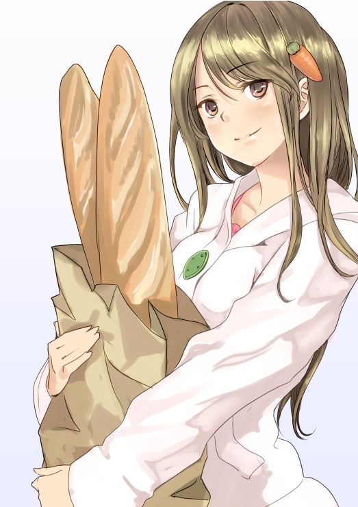 baguette blush bread brown_hair food long_hair original smile solo yoropa