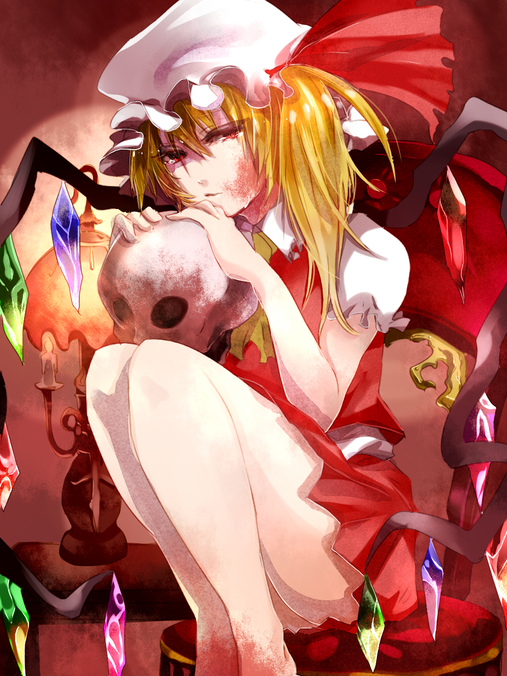 amua ascot bare_legs blonde_hair blood blood_on_face candle candlestick chair crying flandre_scarlet hat hat_ribbon highres legs ribbon short_hair side_ponytail sitting skirt skirt_set skull solo tears touhou wings