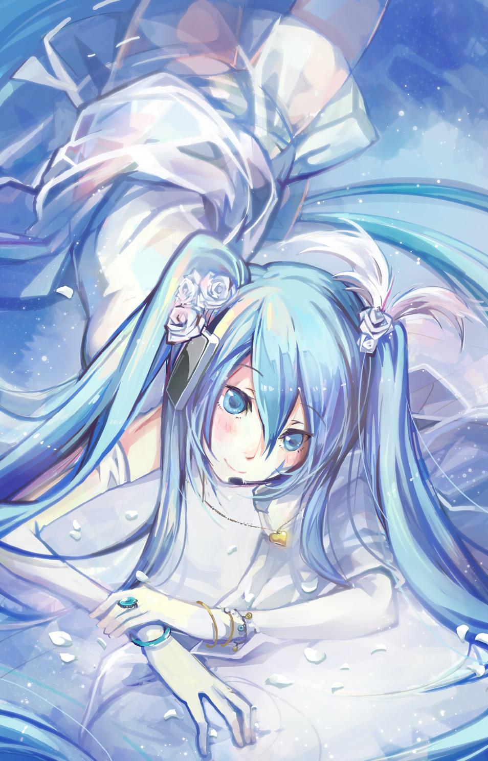 aqua_hair bangle blue_eyes blush bracelet elbow_gloves flower gloves hair_flower hair_ornament hatsune_miku headset highres jewelry long_hair looking_at_viewer lying ring shadowsinking smile solo thigh-highs thighhighs twintails very_long_hair vocaloid