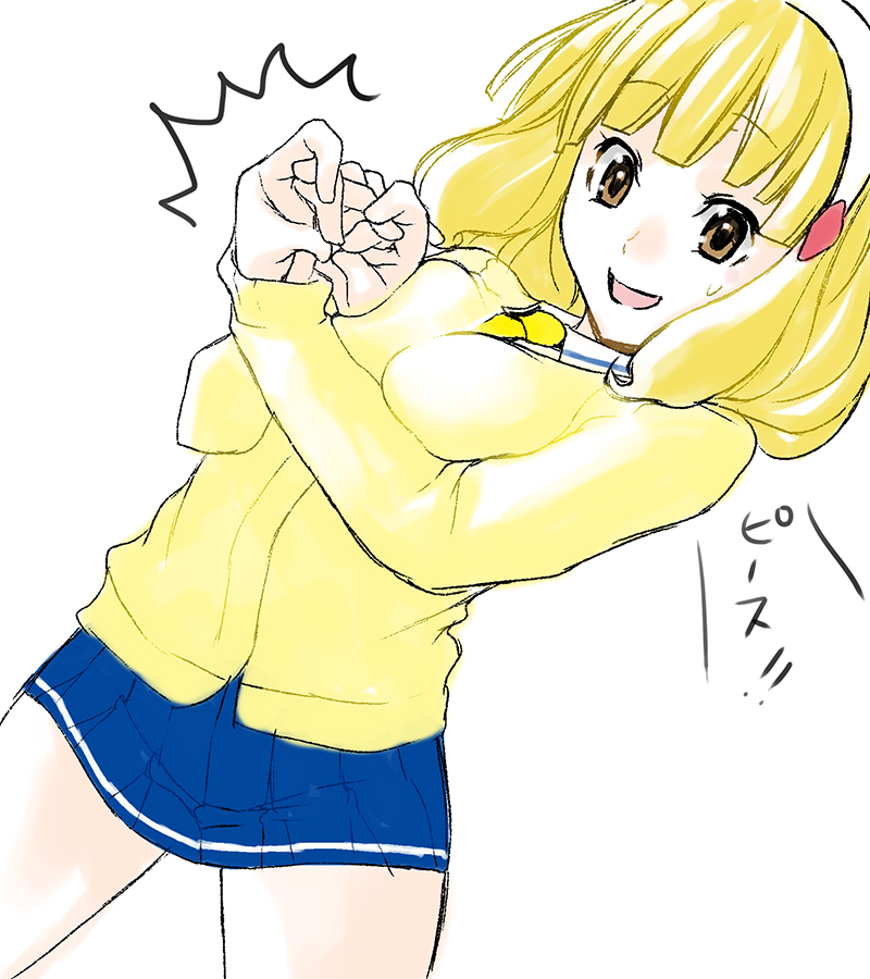 blonde_hair blush female hairband kise_yayoi open_mouth ponytail precure short_hair skirt smile smile_precure! solo sweatdrop yasuda_suzuhito yellow_eyes you're_doing_it_wrong you're_doing_it_wrong