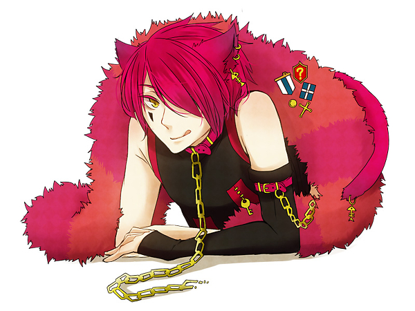 1boy animal_ears badge boris_airay cat_ears catboy chain chains collar feather_boa gloves hair_over_one_eye heart_no_kuni_no_alice jewelry piercing pink_hair short_hair smile tail tattoo tongue yellow_eyes