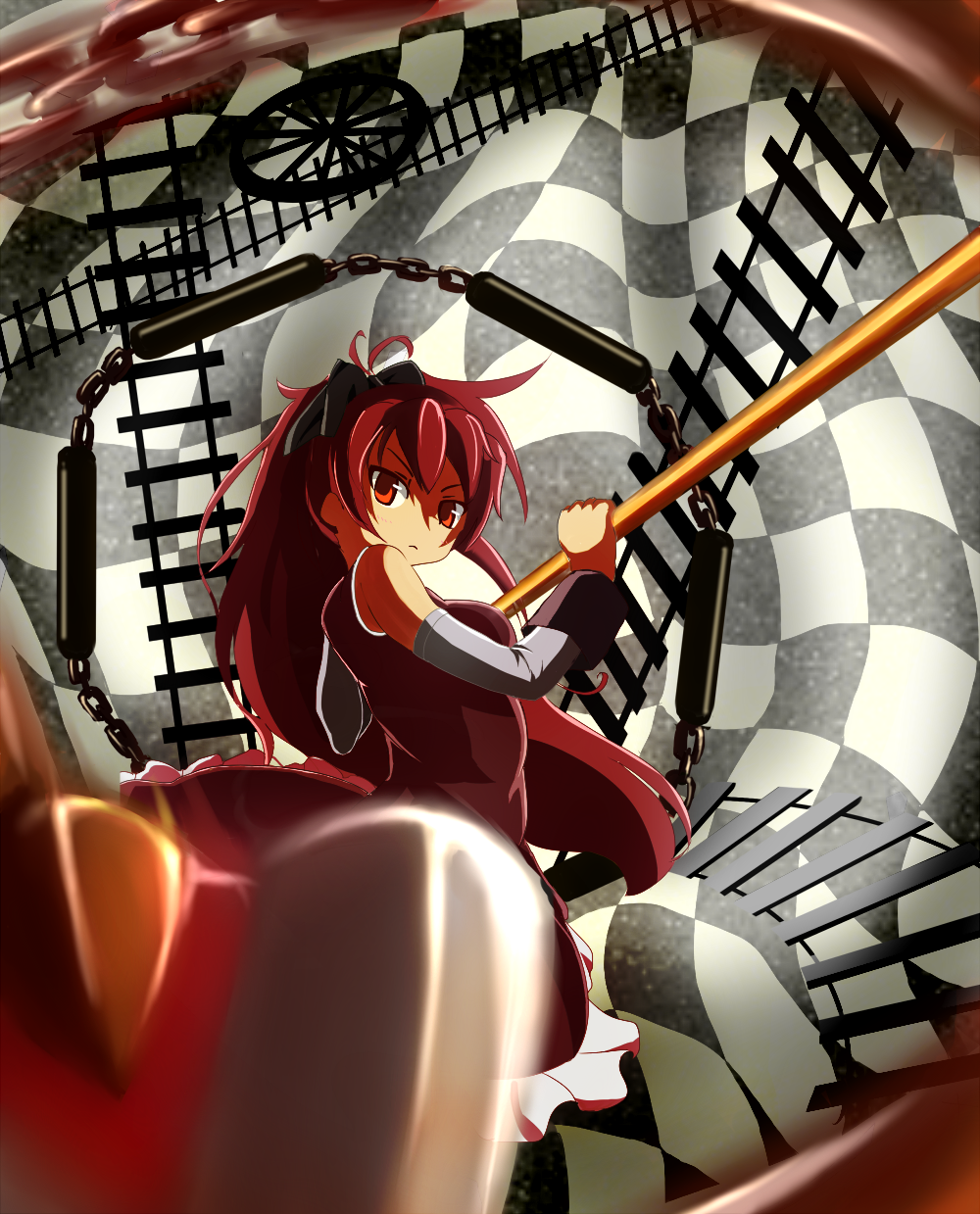 bare_shoulders blurry chain chains depth_of_field frown hair_ribbon highres long_hair magical_girl mahou_shoujo_madoka_magica polearm ponytail red_eyes red_hair redhead ribbon sakura_kyouko solo spear suno-pi weapon witch's_labyrinth witch's_labyrinth