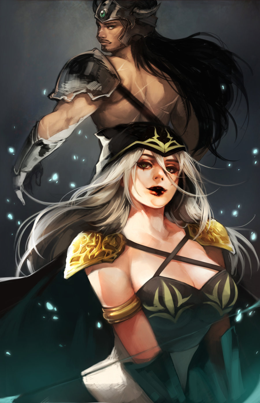 1girl armor ashe_(league_of_legends) black_hair bow_(weapon) breasts cleavage gloves green_eyes highres hood husband_and_wife large_breasts league_of_legends lips lipstick long_hair looking_at_viewer looking_back makeup na_young_lee shoulder_pads silver_hair smile tryndamere weapon
