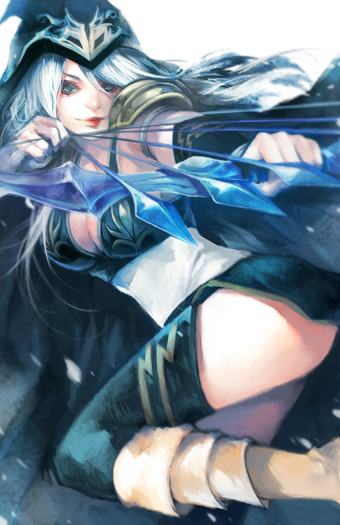 arrow ashe_(league_of_legends) blue_eyes boots bow_(weapon) breasts cleavage detached_sleeves hood league_of_legends lips na_young_lee solo thigh-highs thigh_boots thighhighs thighs weapon white_hair