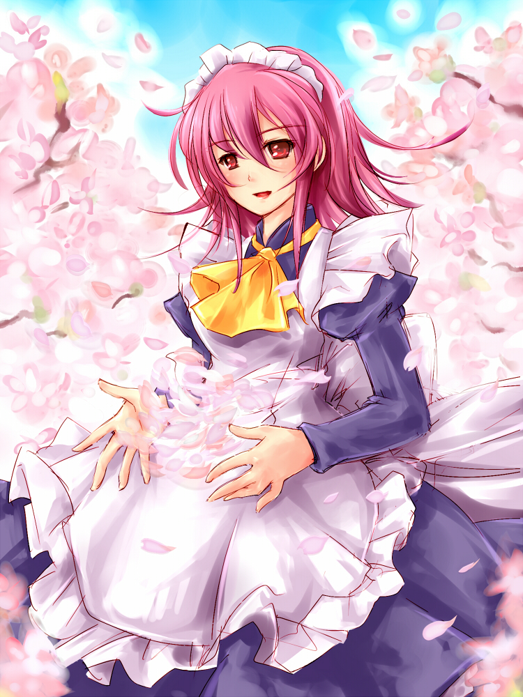 cherry_blossoms maid petals piku pink_hair red_eyes shakugan_no_shana short_hair solo wilhelmina_carmel