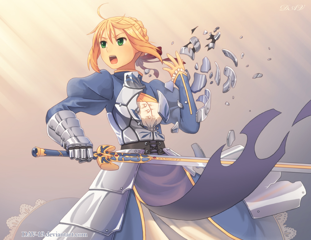 1girl ahoge armor armored_dress artoria_pendragon_(all) blonde_hair breasts broken caliburn cleavage cleavage_cutout dav-19 dress fate/stay_night fate_(series) gauntlets green_eyes hair_ribbon ribbon saber shattering solo sword watermark weapon web_address