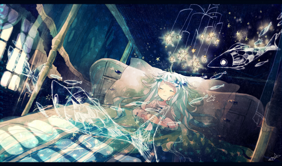 bed bedroom blanket closed_eyes eyes_closed fish hands_together letterboxed long_hair maple_(cyakapon) original pillow sleeping smile star surreal white_hair