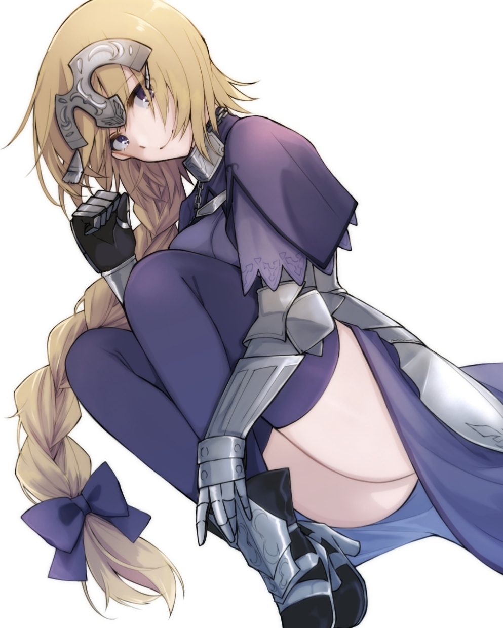 1girl armor armored_dress blonde_hair bow braid braided_ponytail closed_mouth dress eyebrows_visible_through_hair fate/apocrypha fate_(series) faulds fetal_position gauntlets hair_bow headpiece highres jeanne_d'arc_(fate) long_hair looking_at_viewer lying maru_(pixiv51714255) on_side ponytail purple_bow purple_dress purple_legwear simple_background smile solo thigh-highs very_long_hair violet_eyes white_background