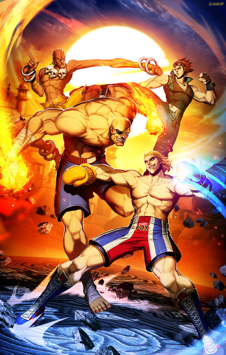 abs bald bangle battle blonde_hair boots boxing_gloves bracelet cross-laced_footwear dhalsim eyepatch fingerless_gloves flame genzoman gloves goggles goggles_on_head grin hwoarang jewelry kicking knee_boots lace-up_boots multiple_boys muscle punching red_hot_chili_peppers sagat shirt shorts skull smile steve_fox street_fighter street_fighter_x_tekken sunset tekken_tag_tournament_2