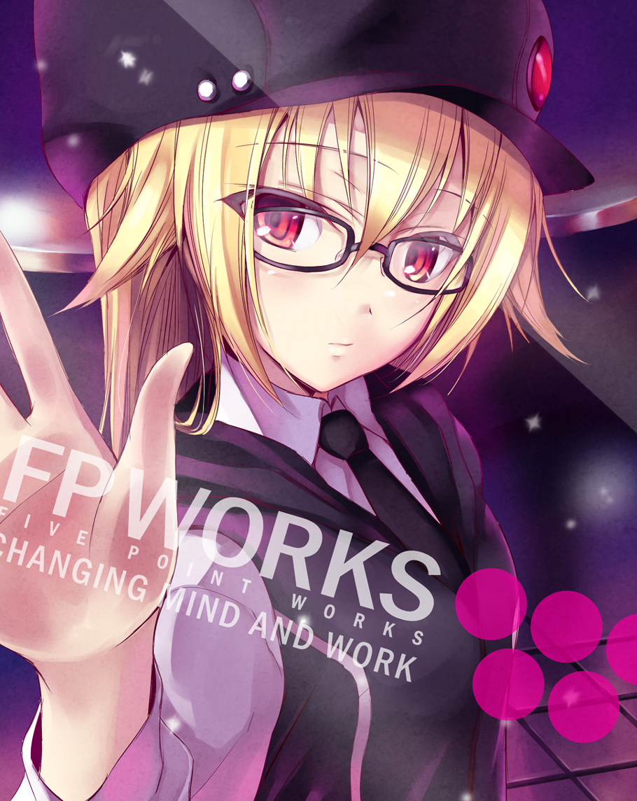blonde_hair cover cover_page fukai_ryousuke glasses hat long_hair looking_at_viewer necktie original red_eyes shirt solo