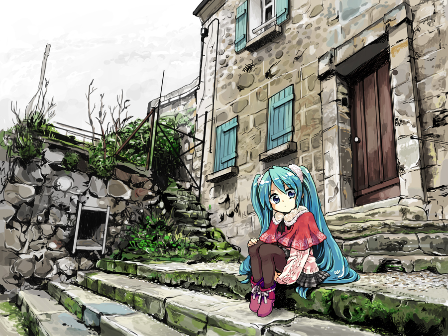aqua_hair blue_eyes hatsune_miku long_hair mojacookie pantyhose sitting solo stairs twintails very_long_hair vocaloid young